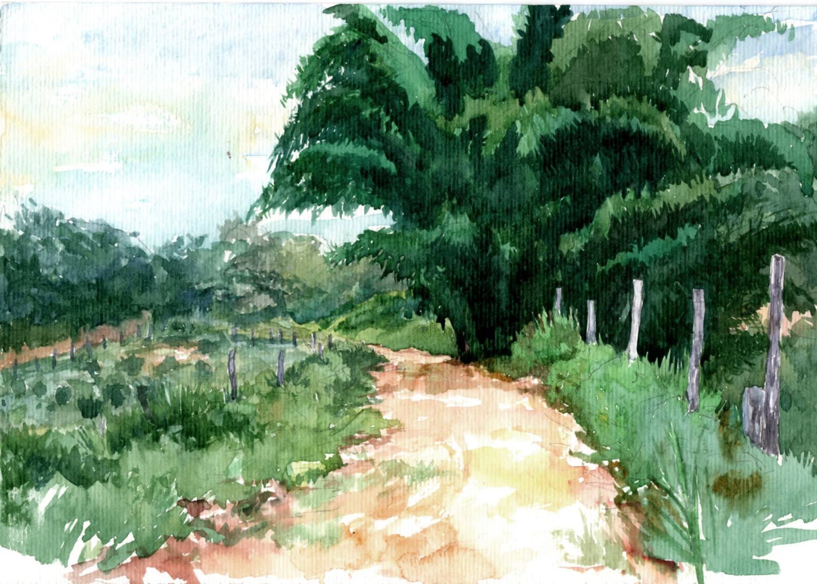 Aquarela de estrada rural com árvores — Júlio Tigre
