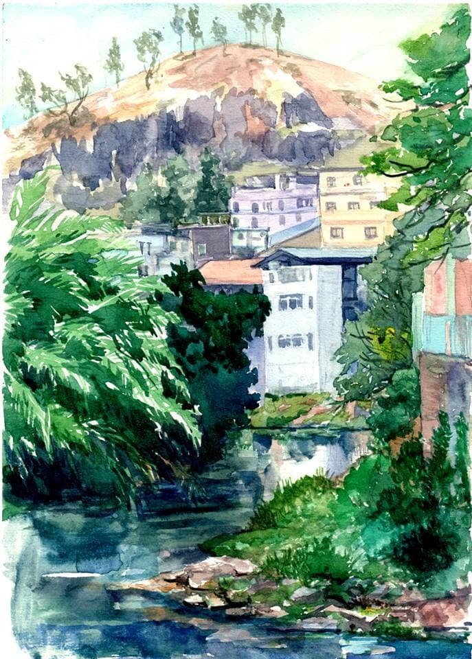 Aquarela de paisagem urbana com morro e rio — Júlio Tigre