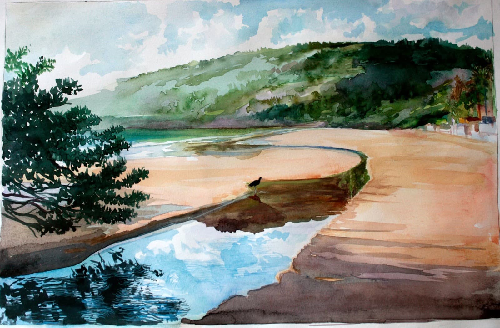Aquarela de praia e morro costeiro — Júlio Tigre