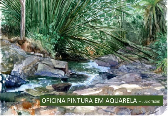 Obra em aquarela de riacho em mata — Oficina de Aquarela com Júlio Tigre